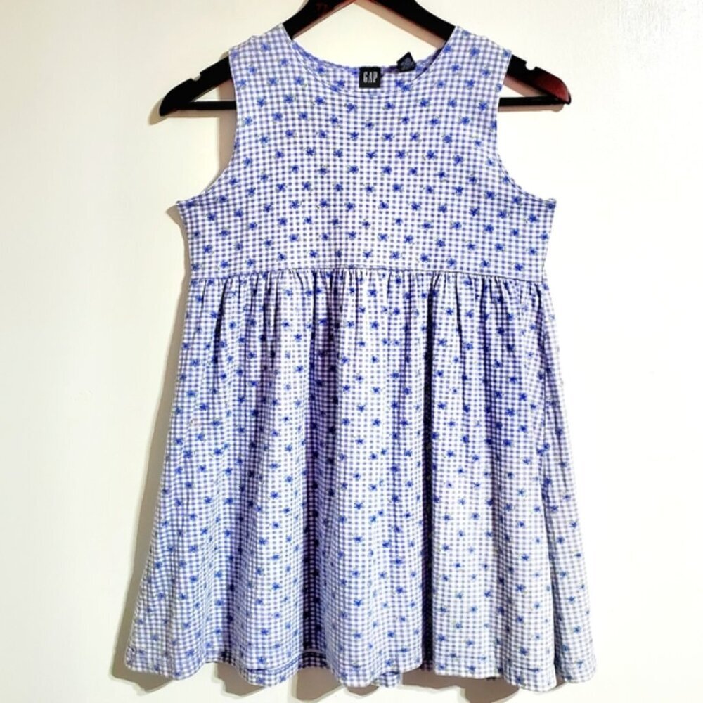 Gap Large Blue & White Plaid Embroider Floral Scoop Neck Sleeveless Girls Dress